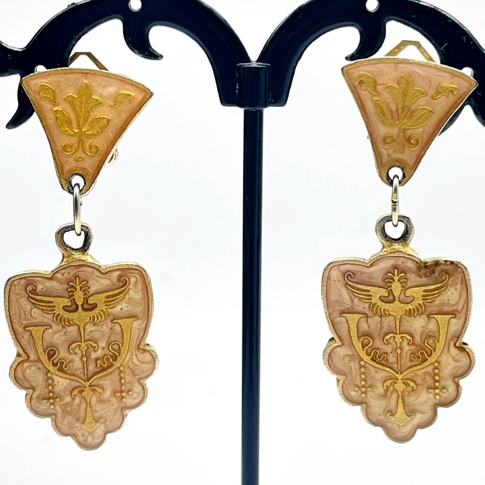 Vatican Library Collection Clip On Earrings Gold Tone Crest Dangle Vintage